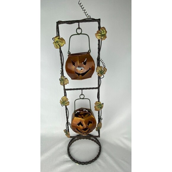 Metal Two Tier Jack-o-Lantern Pumpkin Candle Votive Tea Light Holder 22" Stand - Picture 1 of 10